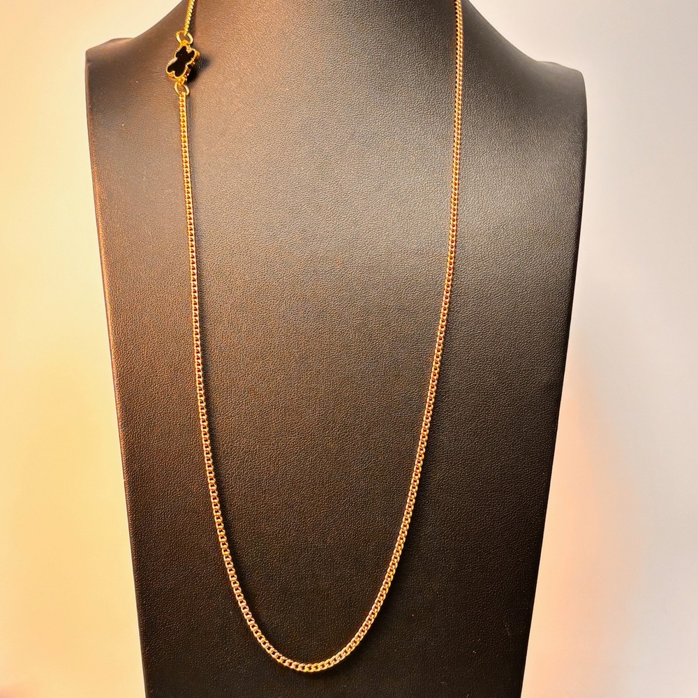 Gold Tone Long Chain Necklace Black Clover Pendant Minimalist 90s Boho Statement